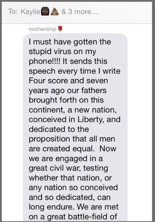 This confused mom who was pranked with the Gettysburg Address every time she typed "ok" on her phone: