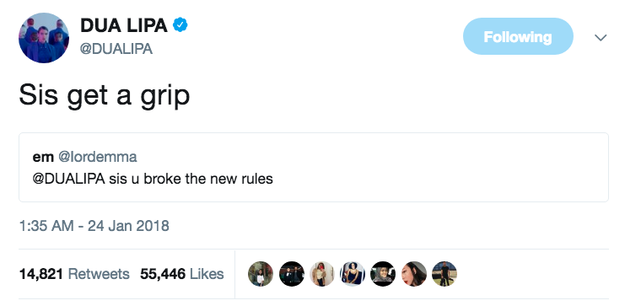 But literally ONE MINUTE LATER Dua made it clear she wasn't having it and clapped back.