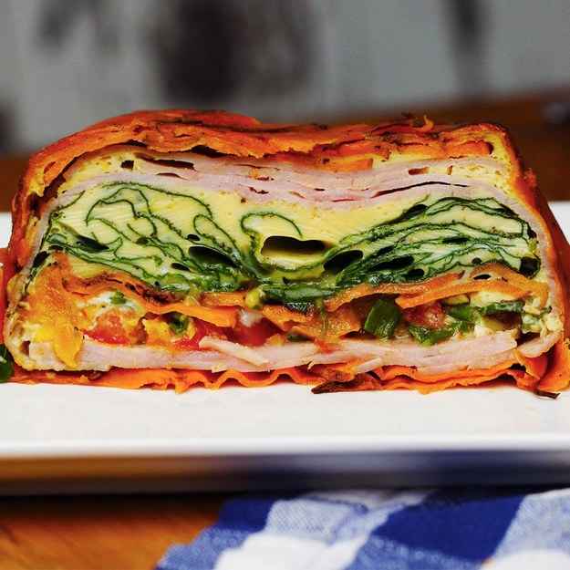 8 servingsINGREDIENTS2 large sweet potato1 tablespoon olive oil2 teaspoons salt1 1/2 teaspoons pepper8 egg1 tomato, diced40 g (1/4 cup) green onion, chopped1 bell pepper, diced and cooked1/2 teaspoon garlic powder120 mL (1/2 cup) milk10 slices ham80 g (2 cups) spinach cooking sprayPREPARATION1. Preheat oven to 425°F (220°C).2. Using a mandolin, slice the sweet potatoes to about 3-millimeter thick slices.3. In a large bowl, combine sliced sweet potatoes, oil, salt, and pepper.4. Lay out sweet potato slices on a large sheet pan and bake for 10 minutes.5. Combine eggs, tomatoes, green onions, bell pepper, garlic powder, salt, pepper, and milk in a large bowl, whisking to combine.6. Remove sweet potatoes from oven once edges start to crisp and turn the oven down to 400°F (200°C) .7. Line the sides and base of a 9x5-inch (20x10-cm) greased loaf pan with the sweet potato slices.8. Repeat with ham slices, then add spinach, another layer of sweet potatoes slices, the egg mixture, another layer of ham, and a final layer of sweet potato slices. Fold the outside sweet potato slices over the final layer of sweet potatoes.9. Bake for 30 minutes.11. Place a plate over top and invert the loaf pan onto the plate, slice and serve.10. Enjoy!