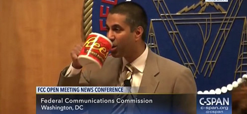 The video also makes fun of FCC Chairman Ajit Pai and the oversized coffee mug he drank from while repealing net neutrality rules in December.