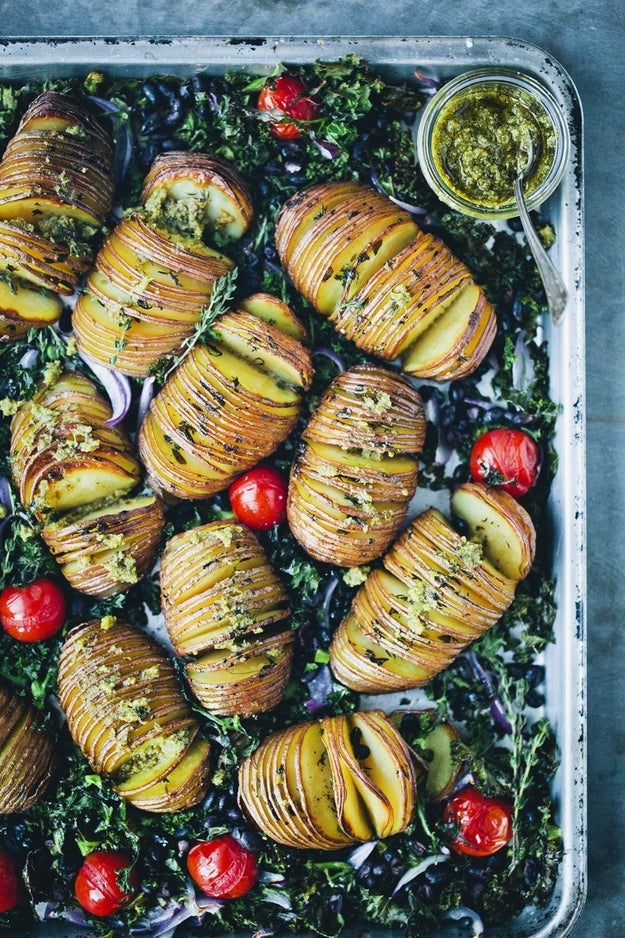 Hasselback Potatoes With Kale, Beans, and Pesto