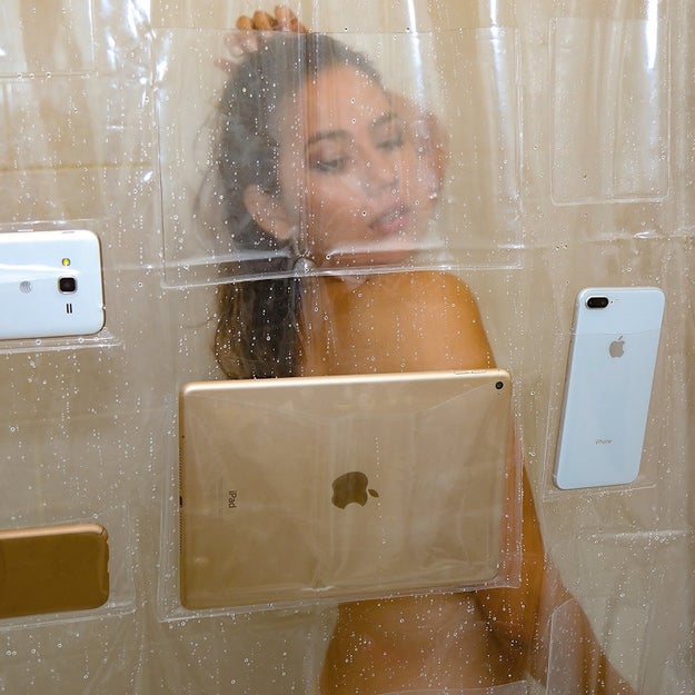 Or a clear shower curtain with pockets for people who only have eyes for their screens.