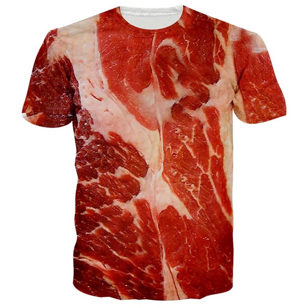 A raw meat patterned T-shirt for people looking to recreate Lady Gaga's iconic 2010 VMAs look.