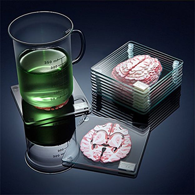 A set of brain-section coasters that form a full brain when you stack them. Dexter would love these.