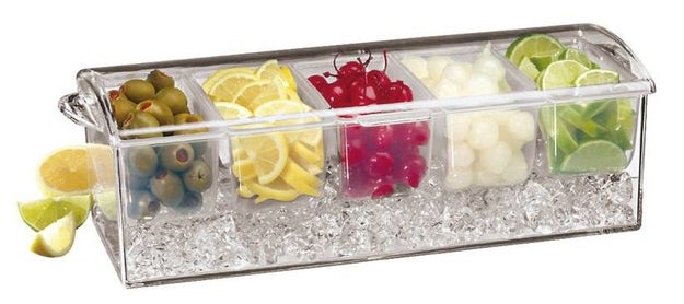 A compartment tray that keeps garnishes cool while holding up to 10 full cups of condiments.