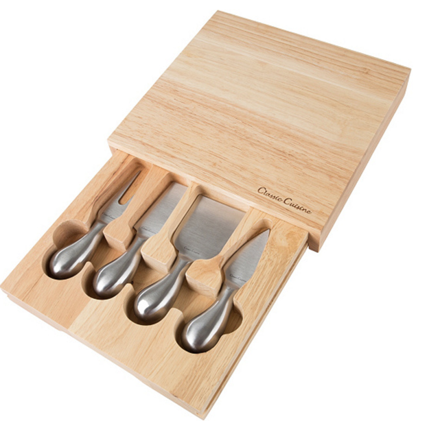 A cheese board with a useful compartment that holds four stainless cheese steel tools.