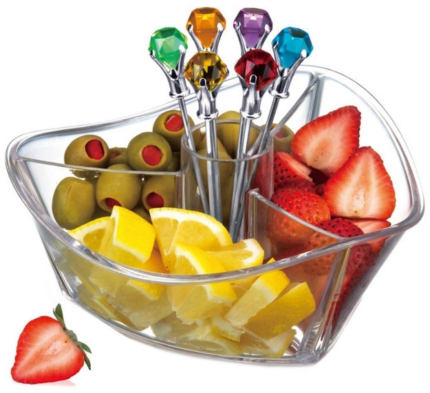 A serving set of six reusable martini picks with three compartments for all the little bites.