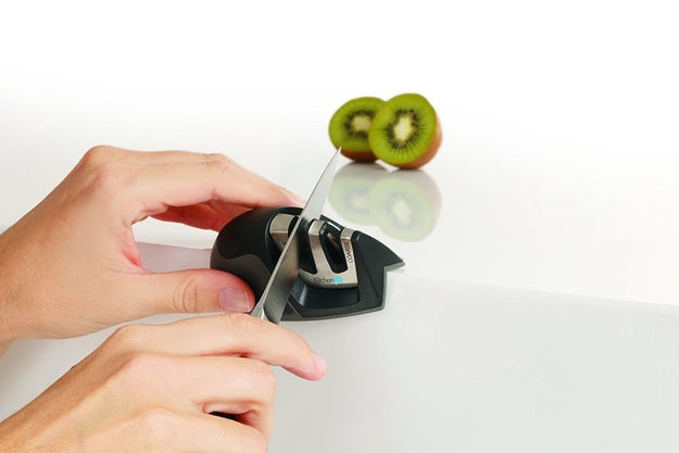 A two-stage knife sharpener with one channel for coarse sharpening (like on those extremely dull 20-year-old knives in your drawer) and one channel for polishing and regular touch-ups, because chopping with dull knives isn't only tedious, it's also very dangerous!