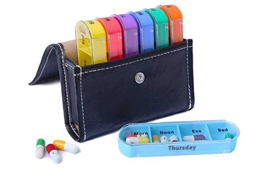 Weekly Travel Pill Organizer 4 Times With Leather Purse - 2 Pack