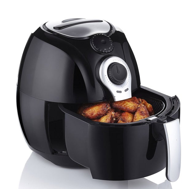 An air fryer so you can reheat leftovers (no more soggy fries!!!!!!!!) and whip up your favorite crunchy foods (hello wings!) with little... or NO... added oil. It circulates hair to create a perfectly browned exterior, without the danger of a giant pot of hot oil.