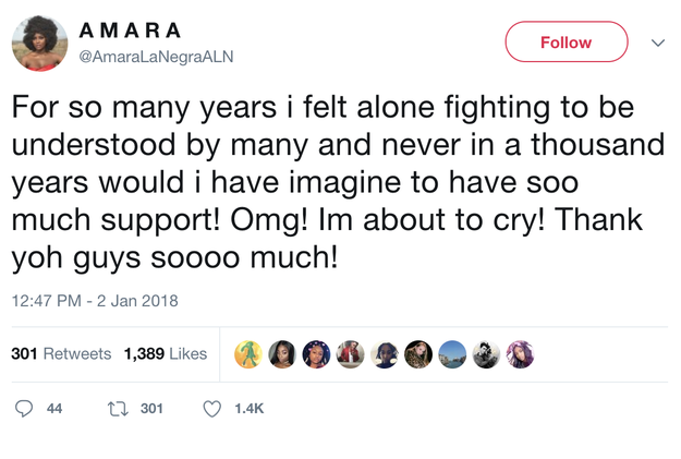 Amara tweeted her many thanks the next day, saying that she was "about to cry."