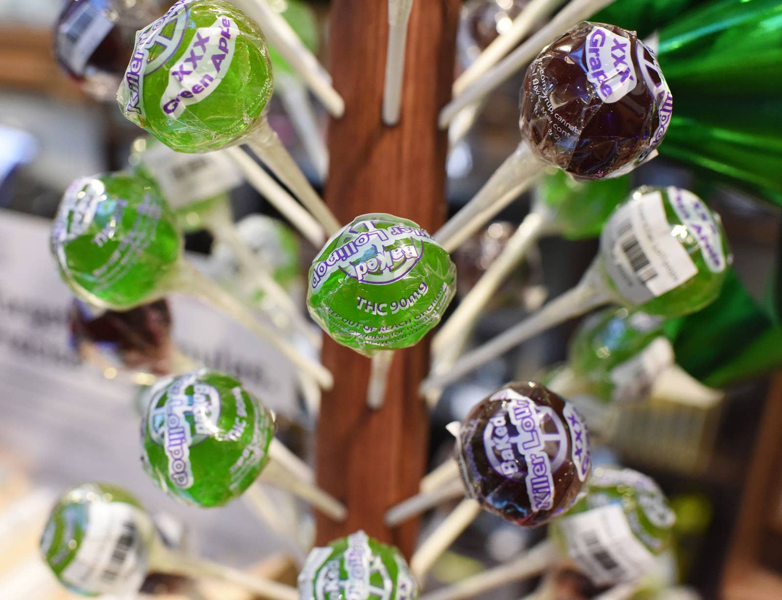BaKed Lollipops, with 90 milligrams each of THC, the chemical component in cannabis responsible for making users high, for sale at Higher Path, Dec. 27, 2017.