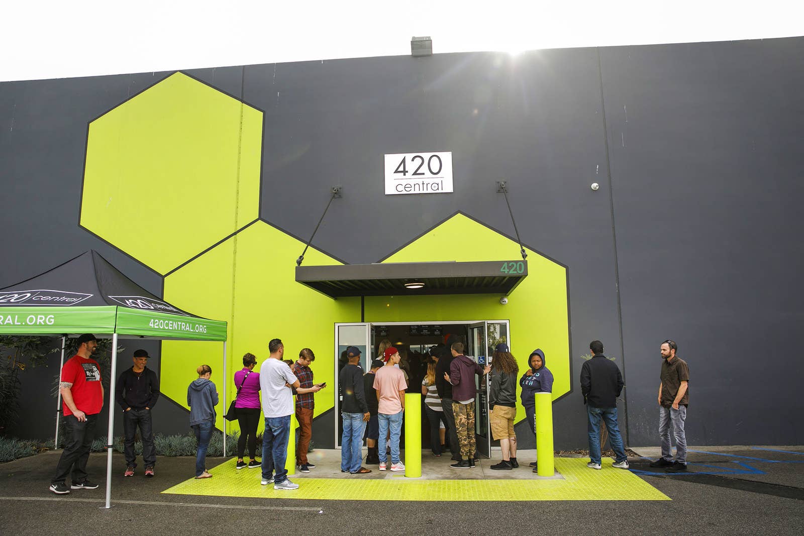 Three to four dozen customers wait in line at 420 Central in Santa Ana on Jan. 1.