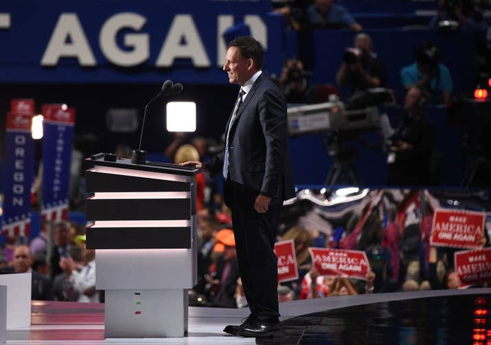 Peter Thiel addresses the final night of the 2016 Republican National Convention at Quicken Loans Arena in Cleveland, Ohio.
