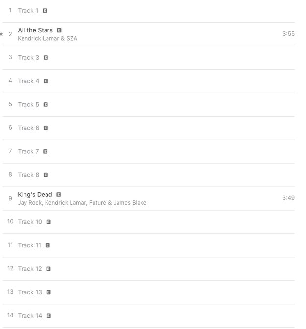The blacking out of names refers to what the album currently looks like on iTunes. Only two songs have been revealed, leaving 12 that we don't know yet.