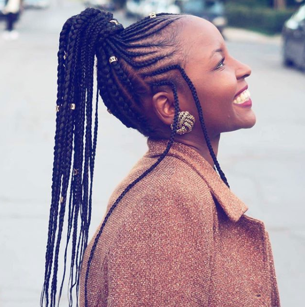 Fulani braids can be worn in endless ways, like in a high cornrowed ponytail...