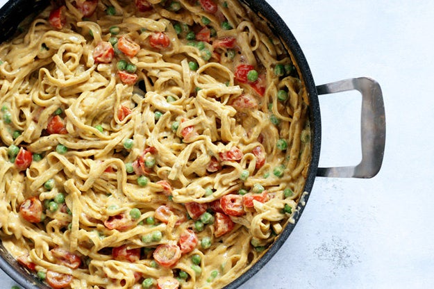 One Pot Fettuccine Alfredo with Peas and Roasted Cherry Tomatoes