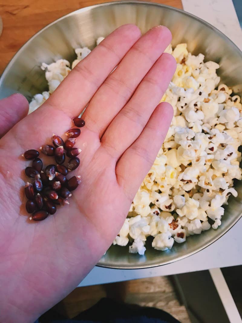 My boyfriend and I make popcorn literally every night as a "healthy snack." We used to buy microwave bags, but stopped because we weren't sure about all the artificial butter. So as an alternative, we started cooking it on the stovetop. I saw these red popcorn kernels at the farmers market and was curious because the packaging said they basically have no hull (that scratchy part of the popcorn that gets stuck in your teeth), and now I'm hooked. It's so easy to make, too: Just add some olive oil to a pot, throw in a handful of seeds, move the pot around when they start to pop and then top it off with some of Trader Joe's garlic salt! âJJ JueGet it from Amazon for $13.66.