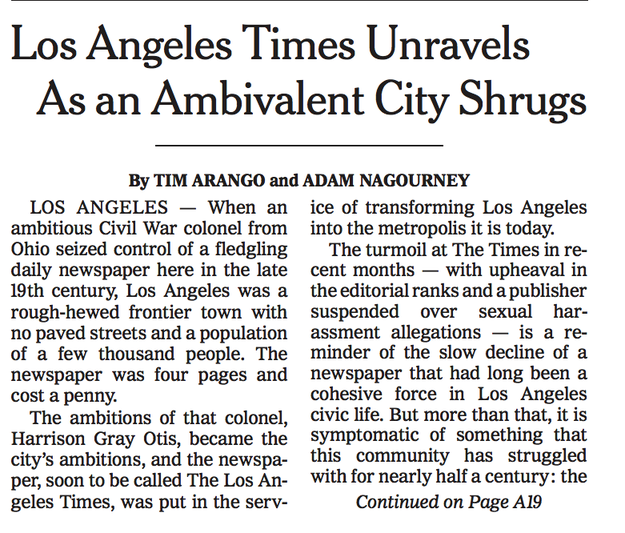 The New York Times on Wednesday published a story on the provincial backwater known as Los Angeles, and it did not go over well with Angelenos.