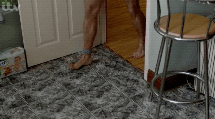 Please notice the electronic tag on his ankle due to his character being "fresh out of prison", which means he's also playing a bad boy on the show.