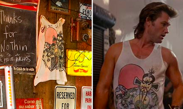 Kurt Russell's shirt from Big Trouble in Little China is hanging on the bar's wall in Death Proof.