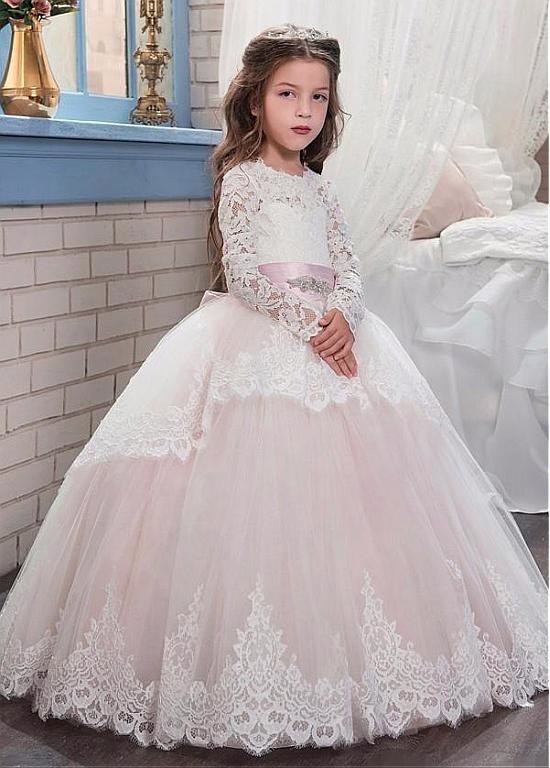 Attractive Lace & Satin Jewel Neckline Ball Gown Flower Girl Dresses With Beaded Lace Appliques,$82 , Magbridal