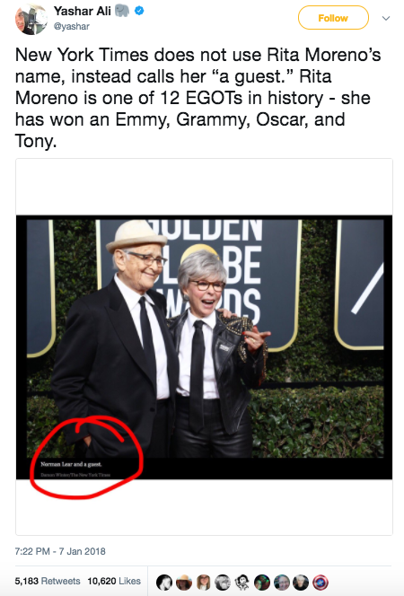 And the New York Times labeled Rita Moreno — who has won Emmy, Grammy, Oscar, and Tony awards — as Norman Lear's "guest."