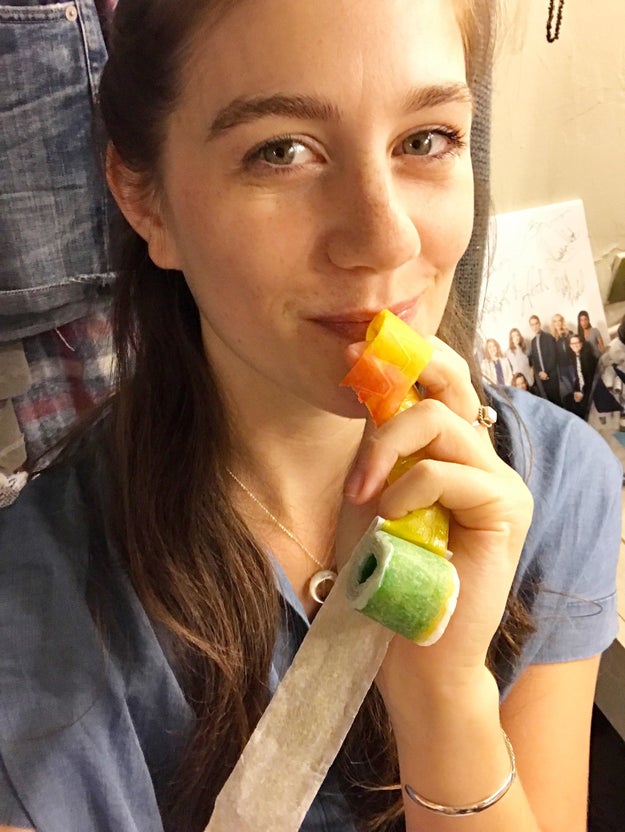 After her show that night, Laura snacks on one of her favorite nostalgic treats, Fruit by the Foot.
