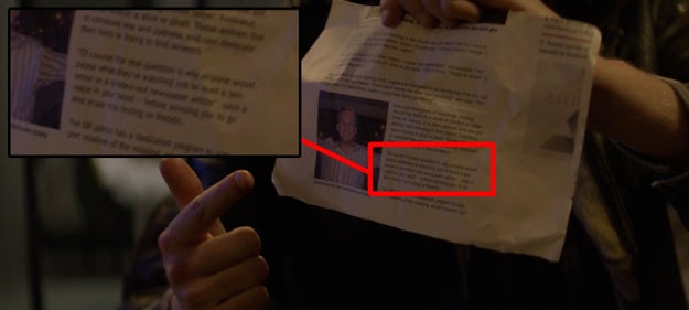 Part of the text on the newspaper article Rob shows to Mia pokes fun at viewers who pause to read it.