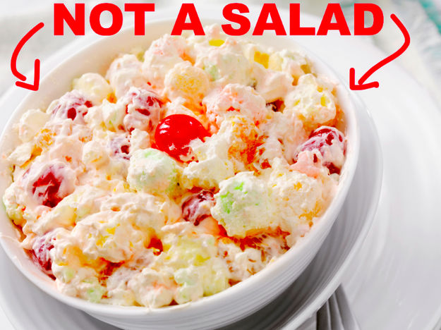 Those creamy, bound mixtures that Midwesterners actually consider a salad (AKA ambrosia/watergate salads).