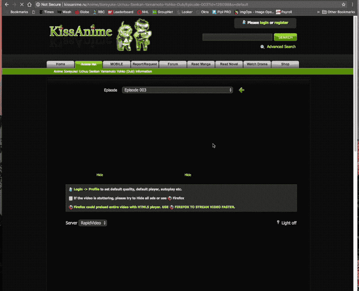 This gif shows a user browsing to Kissanime.ru, clicking on a video, and then having the IBT India site open automatically in a pop-up window.