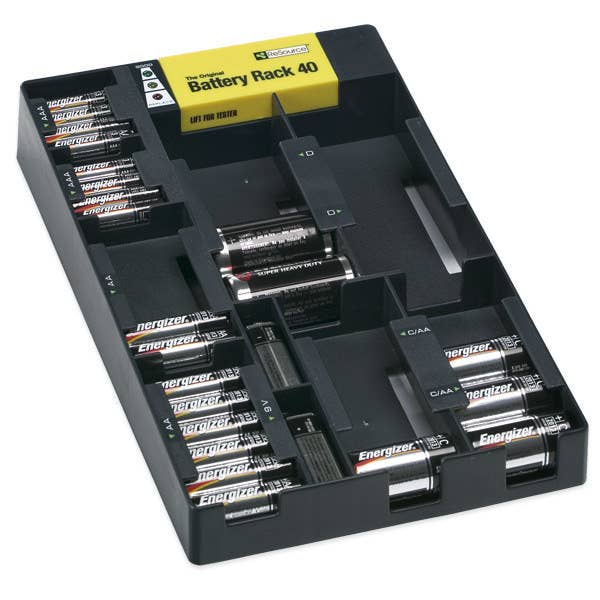 Also, batteries are expensive! This'll help you use the ones you already have while they're still good.Promising review: "I mainly like that this thing has gotten the random batteries out of our 'junk' drawer and into a structured setting which is meant to contain them. It's so easy and quick to find batteries. I also really like the tester. I started testing batteries right away, and threw the ones away that came up as being dead. The only problem is that we have a ton of AAA batteries and there aren't very many AAA spots. I have had to put all the extra AAAs into other slots and the only reason that they don't fall out is because I have it laying flat on top of the fridge. Also there are no spots for those flat batteries, so I set them into the slot for 9Vs." —MelanieOGet it from the Container Store for $19.99.