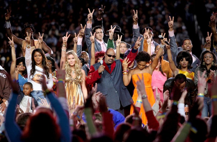 Feb. 5, 2006 — Joss Stone, Stevie Wonder, India.Arie, and John Legend at Super Bowl XL in Detroit