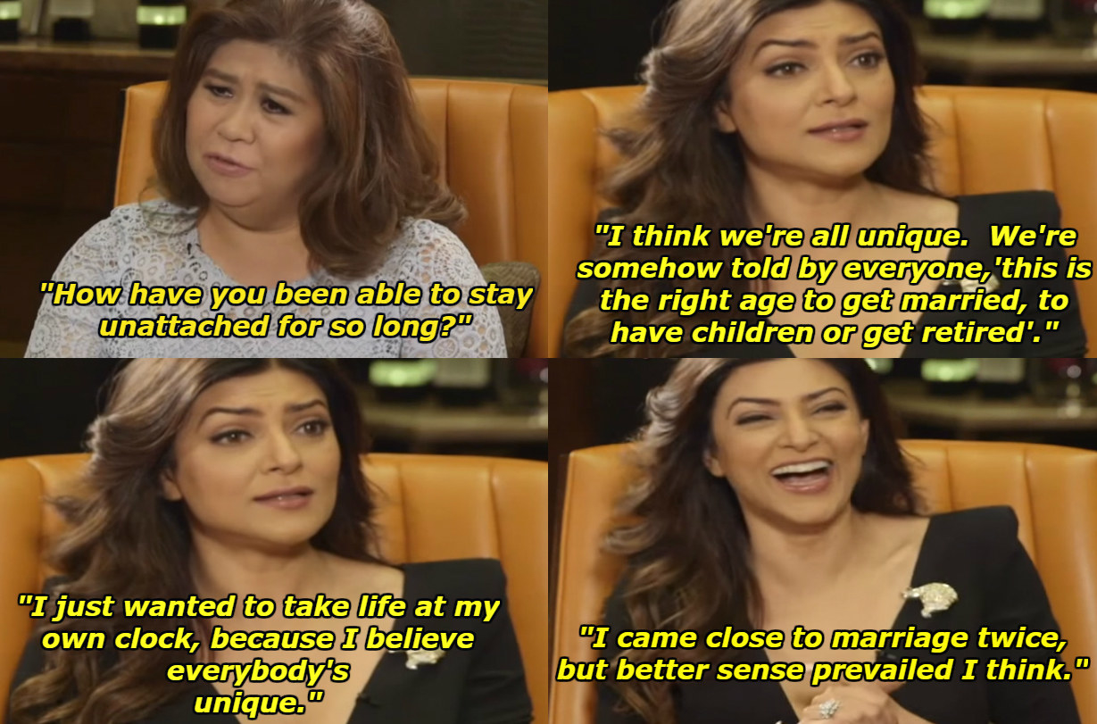 Sushmita being interviewed about not being married and saying, &quot;I came close to marriage twice, but better sense prevailed I think&quot;