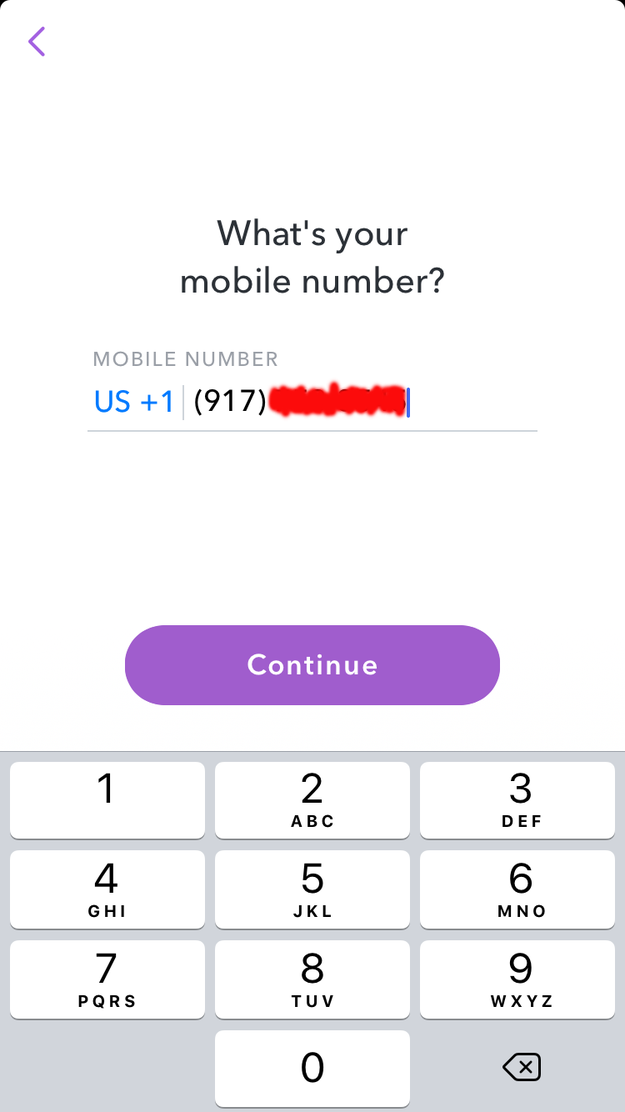 7. Phew, I'm real. Snapchat will want your cell number, or mobile number, if that's what you'd prefer to call it (Snapchat does). Type it in.