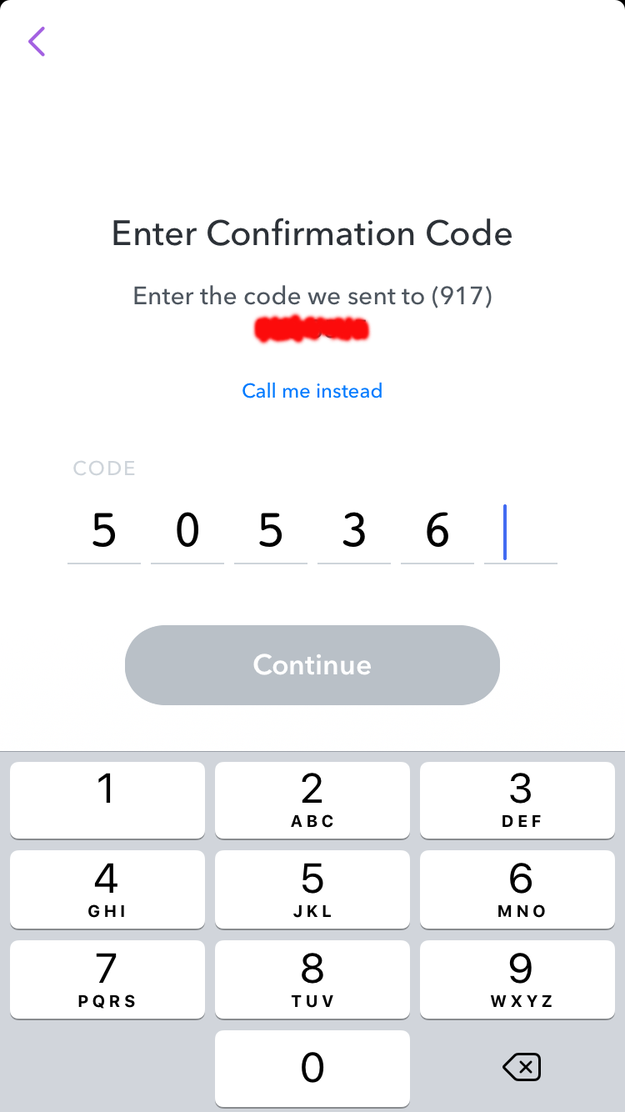 8. You'll receive a text from Snapchat, so put the confirmation code here in the app.