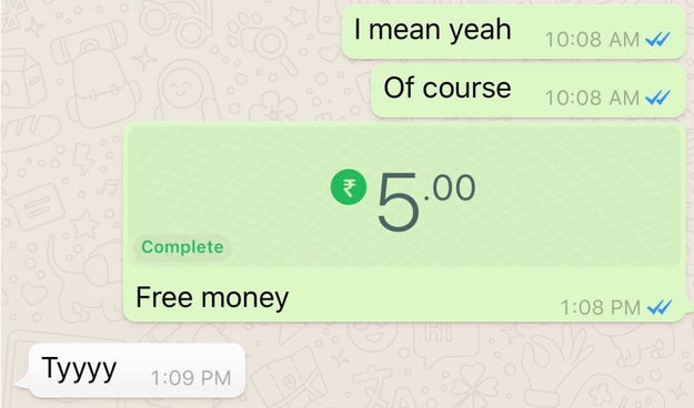 Tapping "Payment" lets users enter an amount and zap it to anyone they're chatting with on WhatsApp, as long as the other person has payments enabled too.