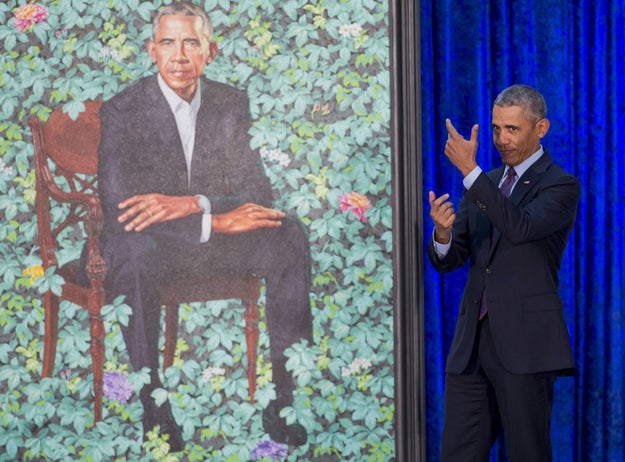 The former president was painted in a garden by Kehinde Wiley, a black artist from Brooklyn.