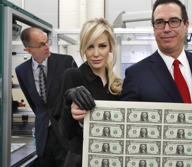 She's married to Treasury Secretary Steven Mnuchin. One time they posed with a sheet of money like a couple of fancy Disney villains.