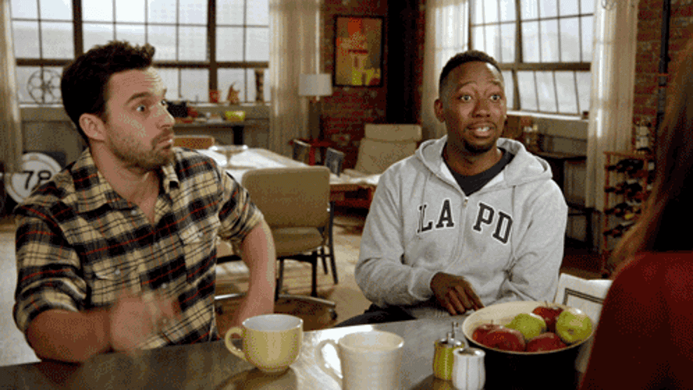 Nick and Winston from &quot;New Girl&quot; making a &quot;mind blown&quot; gesture