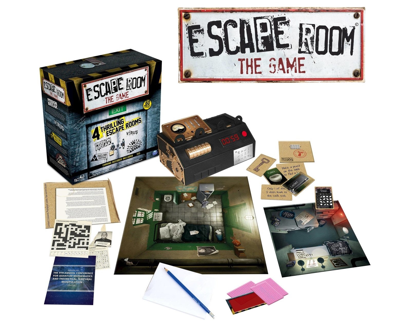Escape The Room board game with cards and game pieces displayed 