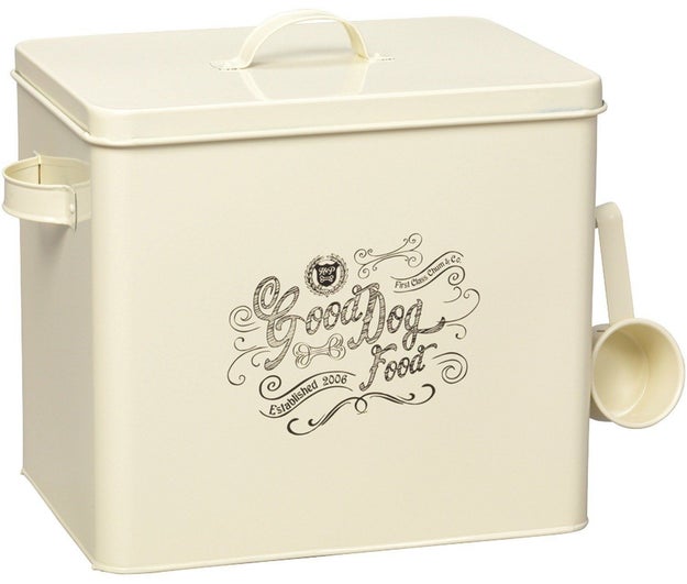 A classic dog food container that has a removable interior to use as separate bowl.