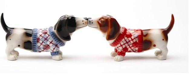A ceramic set of salt and pepper shakers with magnetic snout inserts because ~puppy love~ is forever.