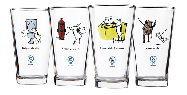 A collection of four dishwasher-safe pint glasses depicting solid advice for canines and people alike.