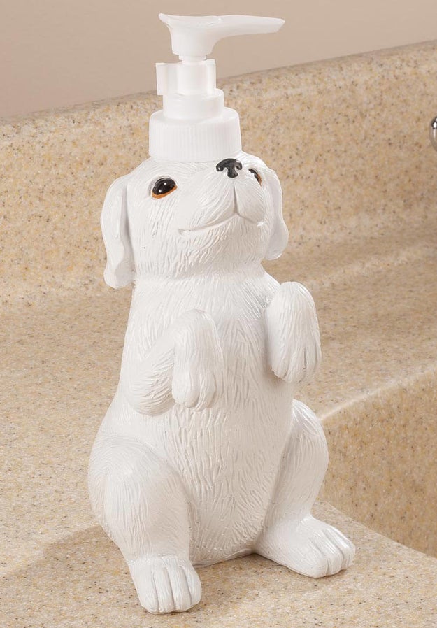 A playful soap dispenser that holds almost two cups of suds for the cleanest paws ever.