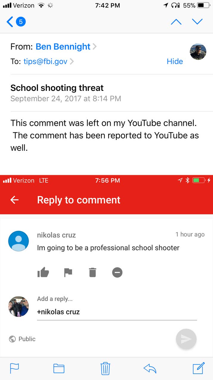 In an email on Sept. 24, Ben Bennight alerted the FBI to a "school shooting threat" made by a YouTube user named nikolas cruz.
