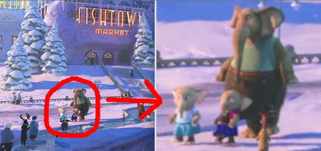 In Zootopia, you can clearly see two sibling elephants in Tundra Town who are dressed as Elsa and Anna from Frozen.