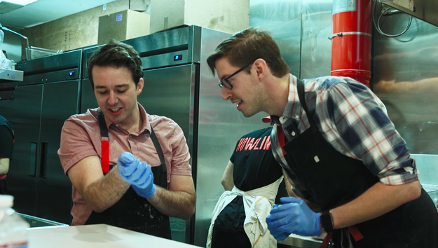 But before they got to sample the chicken, Chris and Keith got a cooking lesson, where they learned to put the chicken through the restaurant's thorough "dry-wet-dry" process.
