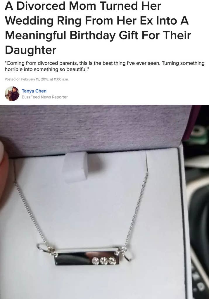 Beardsley gave her daughter this simple crossbar necklace made with the original diamonds from her wedding ring. It was symbolic, because "[my mom] said although her marriage to my dad didn’t work out, they both agreed I was the best thing to come from it," Petit said.