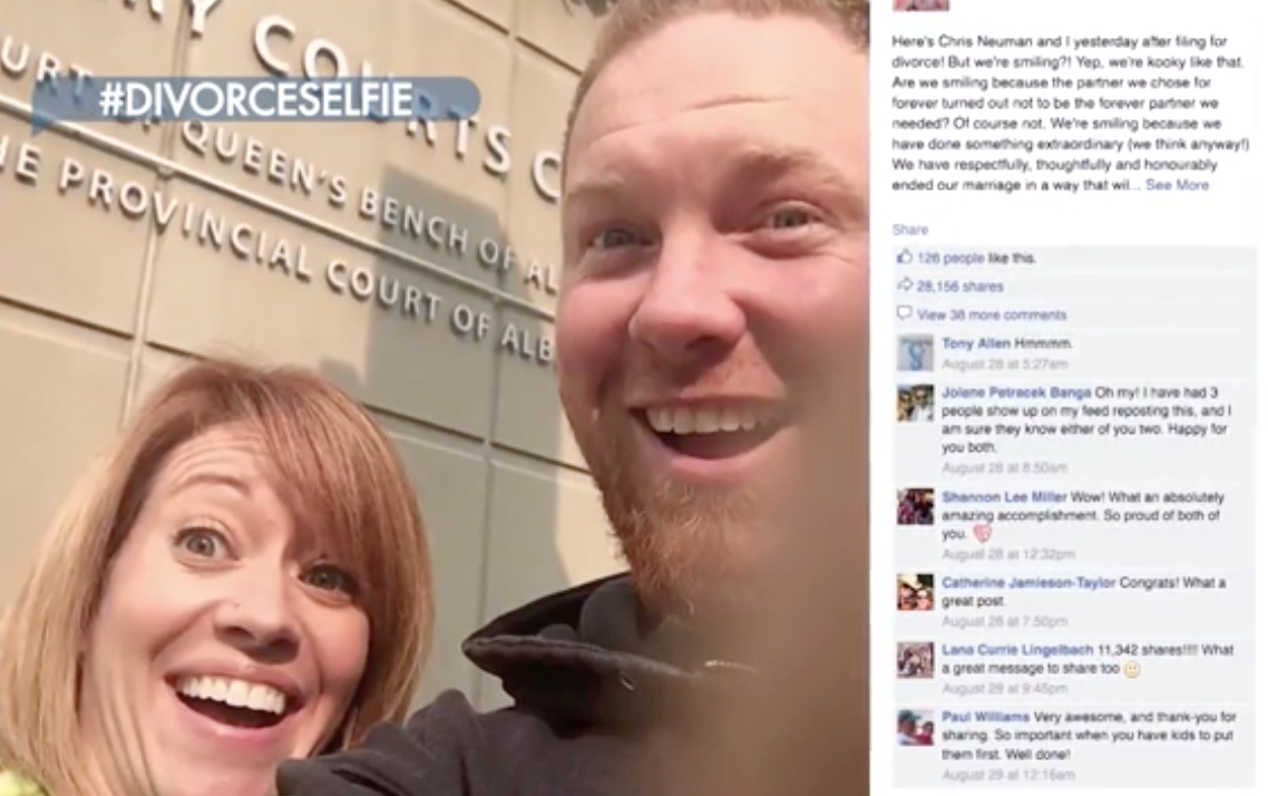 "Here's Chris Neuman and I yesterday after filing for divorce! But we're smiling?! Are we smiling because the partner we chose for forever turned out not to be the forever partner we needed? Of course not. We're smiling because we have done something extraordinary (we think anyway)! We have respectfully, thoughtfully, and honorably ended our marriage in a way that will allow us to go forward as parenting partners for our children, the perfect reason that this always WAS meant to be, so they will never have to choose. They'll never have to wonder which side of the auditorium to run to after their Christmas concert or spring play, because we'll be sitting together. They won't have to struggle with their own wedding planning because we'll be sitting on the same side of the aisle — THEIR side."